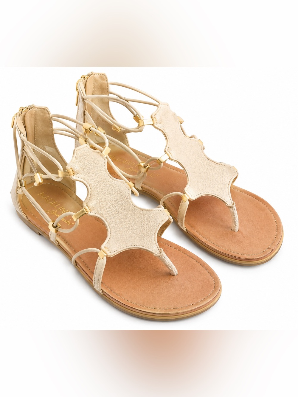Madeline Stuart Beige Lace-Up Gladiator Sandals 5.5 Boho T-Strap Back Zip